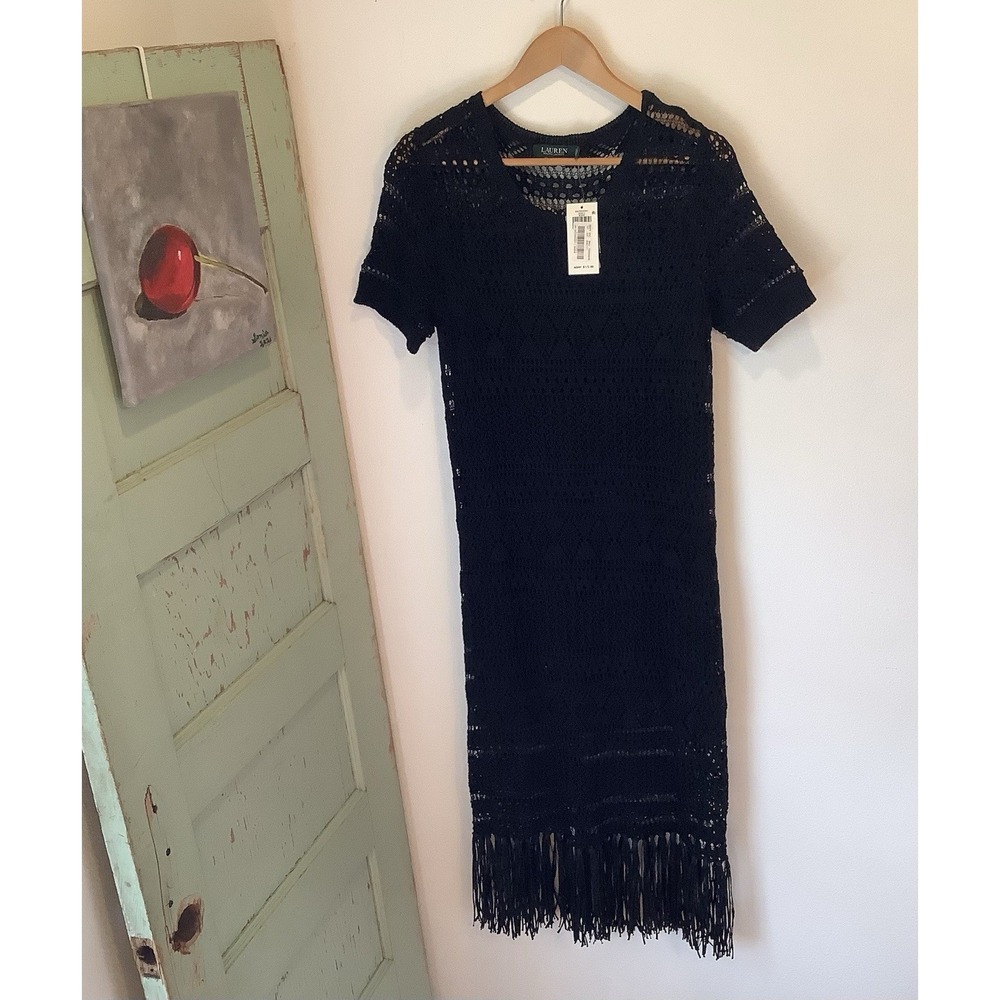 Ralph Lauren Womens L Black Cotton Crochet Fringe Formal Dress Flapper Party NWT